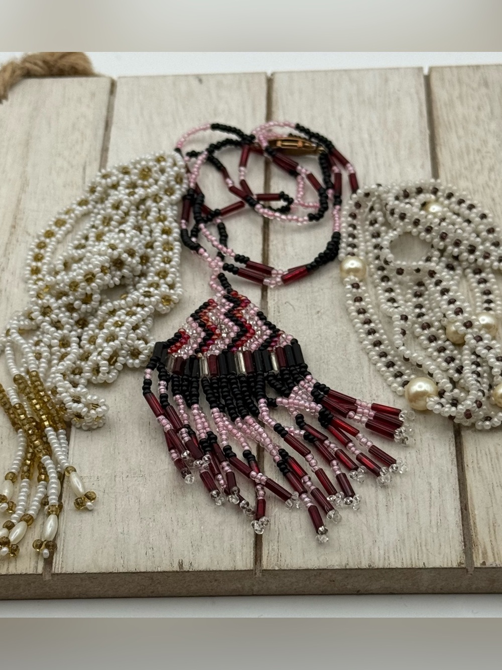 Set of 3 Handmade Pink, Black & Burgundy Beaded Fringe Necklace